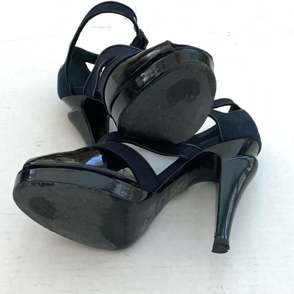 Chanel Black Patent Blue Fabric Platform Heels Size 38 US 7.5